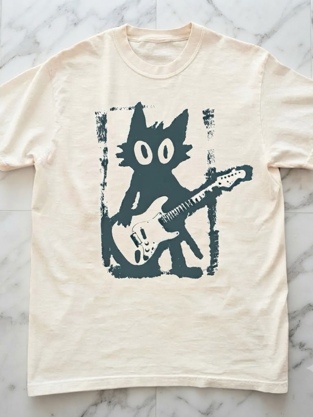Gildan Cream T-Shirt with Teal Cat Guitar Graphic